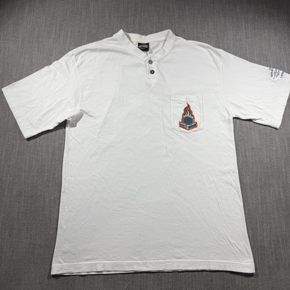 Harley-Davidson Shirt Mens‎ XL White Cajun Lafayette LA Skull Flames Henley Tee